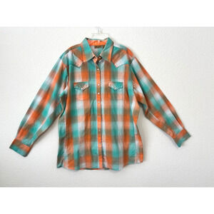 Wrangler Western Snap Shirt Ombre Plaid Long Sleeve Orange‎ Green Womens XXL